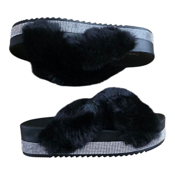 Cape Robbin Black Rhinestone Furry Criss-cross Spotty platform Sandals 10 - Picture 2 of 4